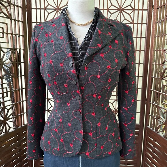Vintage Thierry Mugler Dark Gray Floral Wool Blend Fitted Blazer Jacket Size 34 - Picture 1 of 12